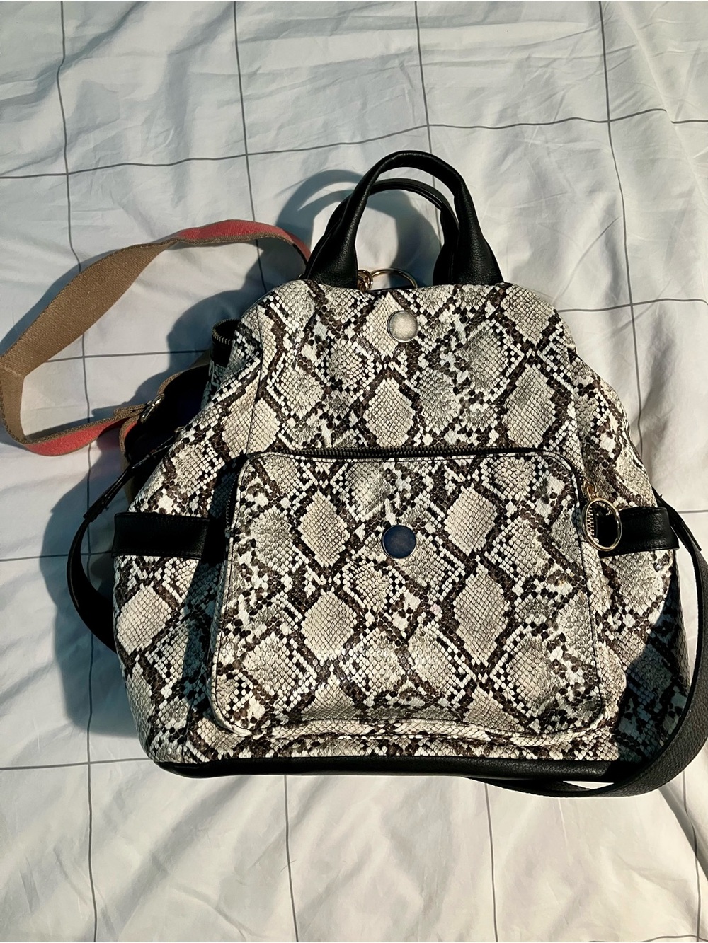 Python-Print Convertible Backpack Purse in Black & White